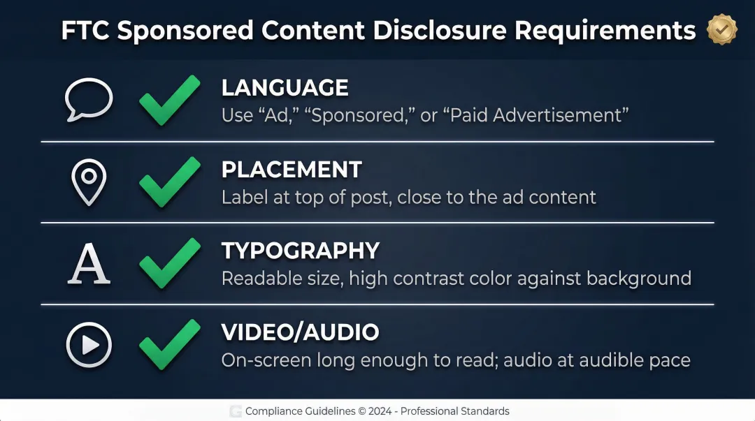 FTC sponsored content disclosure requirements covering language placement typography and video rules