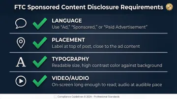 FTC sponsored content disclosure requirements covering language placement typography and video rules