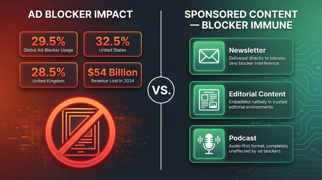 Ad blocker usage statistics versus sponsored content channel reach comparison infographic