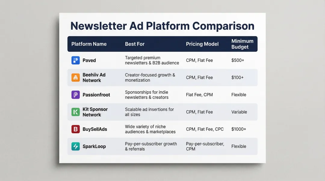 Six newsletter advertising platforms comparison chart with pricing models and best use cases