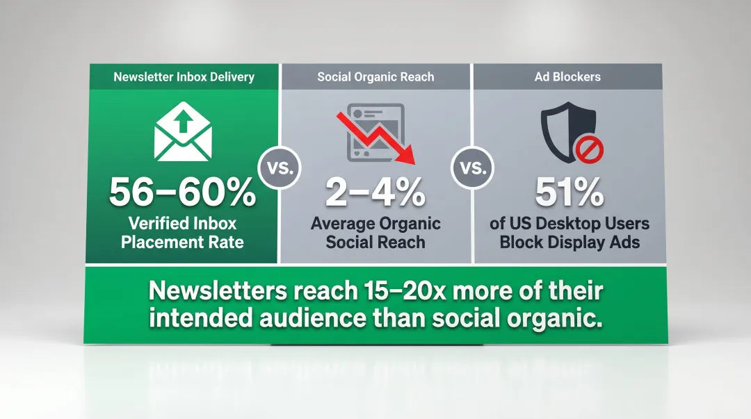 Email newsletter inbox delivery rate versus social organic reach and ad blocker impact comparison