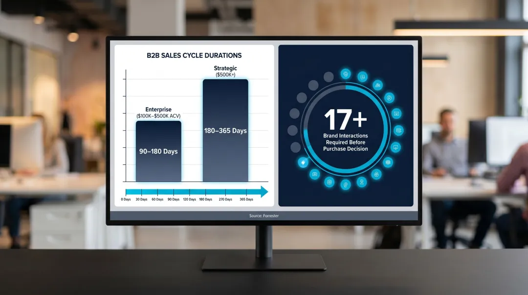B2B sales cycle length by deal size showing 17 brand interactions required before purchase