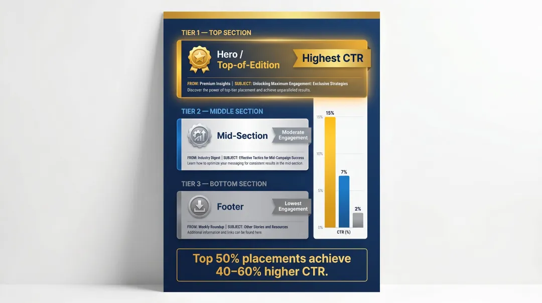 Executive newsletter ad placement position hierarchy top mid footer CTR performance comparison