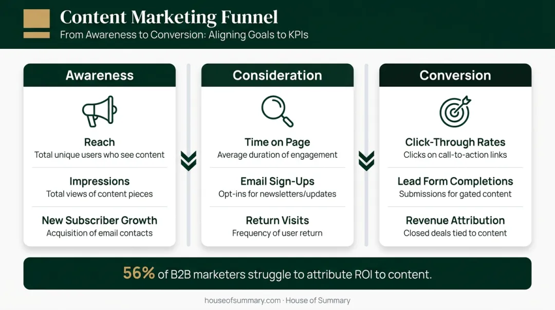 Content marketing metrics framework mapping goals to KPIs by funnel stage