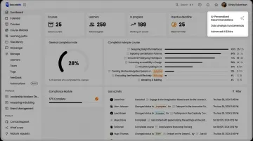 Enterprise LMS dashboard displaying AI-personalized learning paths and compliance training progress