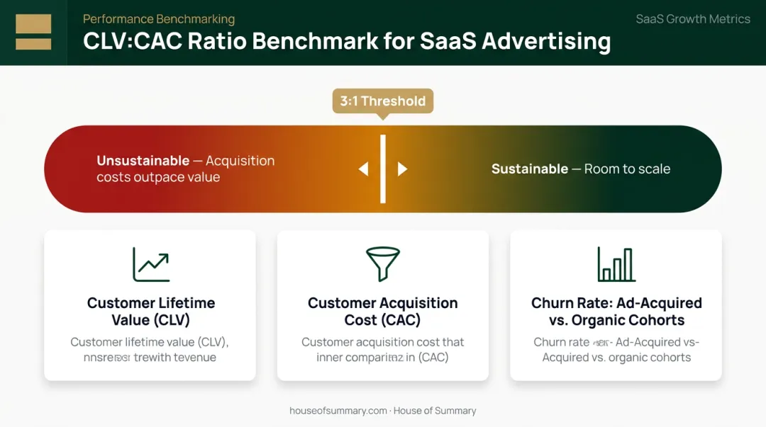 SaaS CLV to CAC ratio benchmark showing sustainable versus unsustainable advertising returns