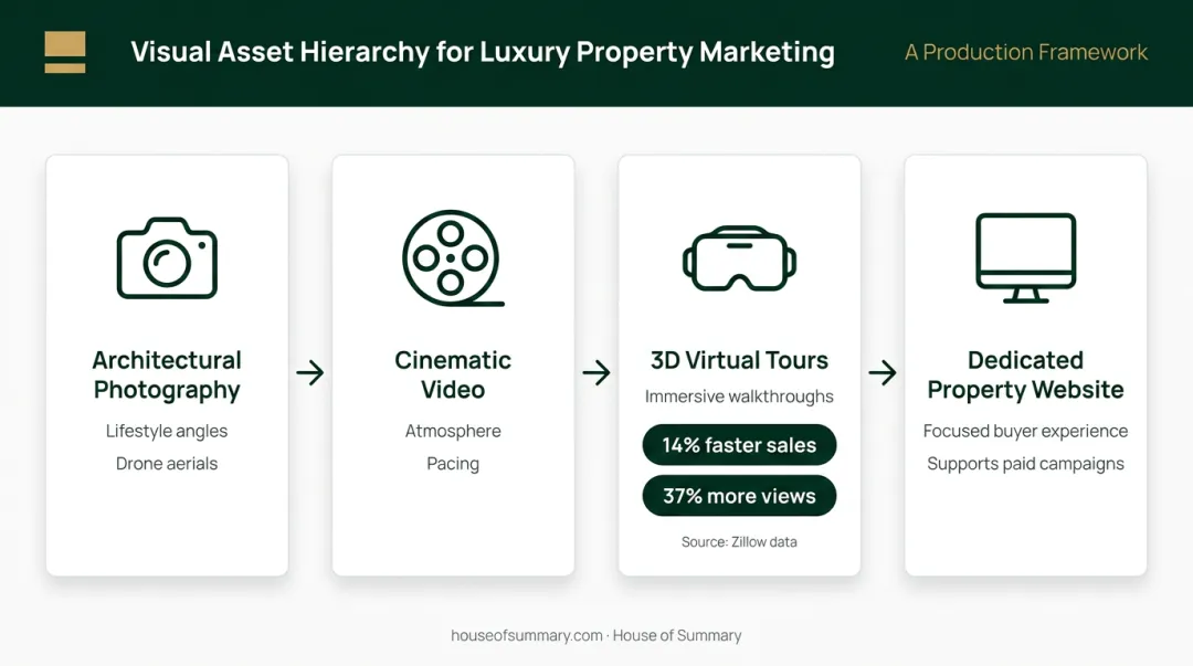 Four luxury property visual asset types with key performance data points