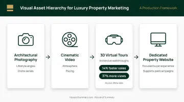 Four luxury property visual asset types with key performance data points