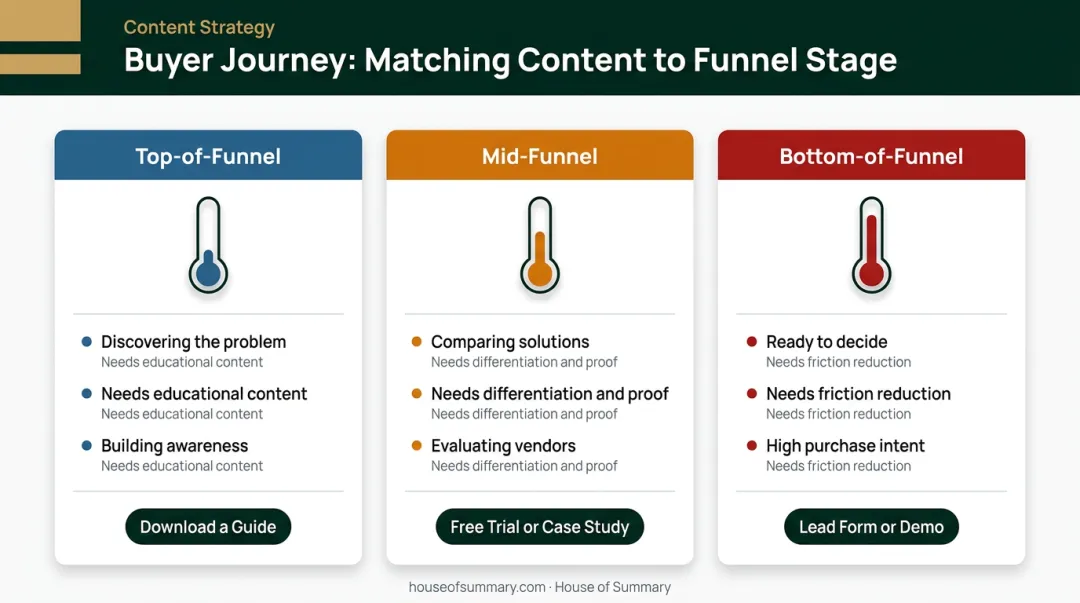 Audience temperature table mapping funnel stage to content need and CTA type