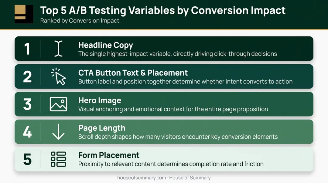 Five A/B testing variables ranked by conversion impact for native landing pages