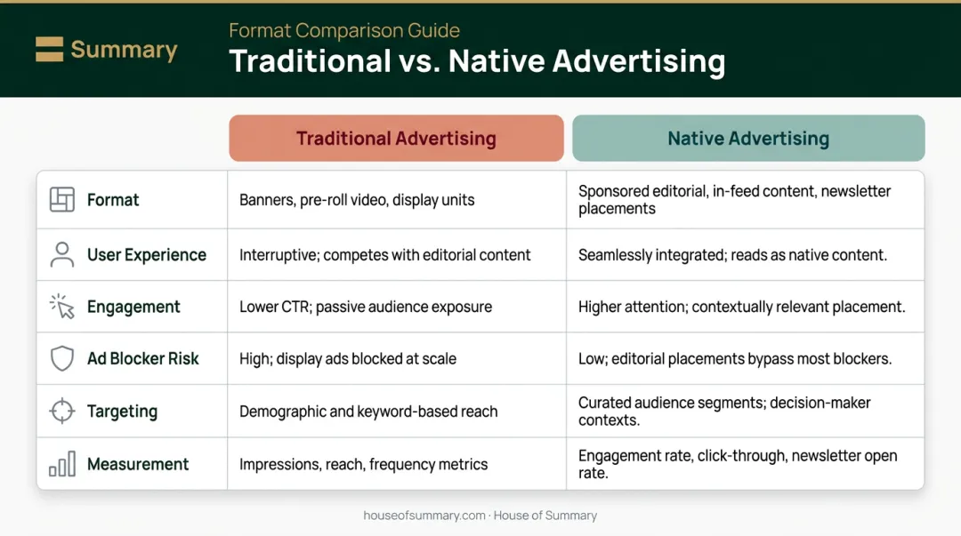 Native versus traditional advertising six-factor side-by-side comparison infographic