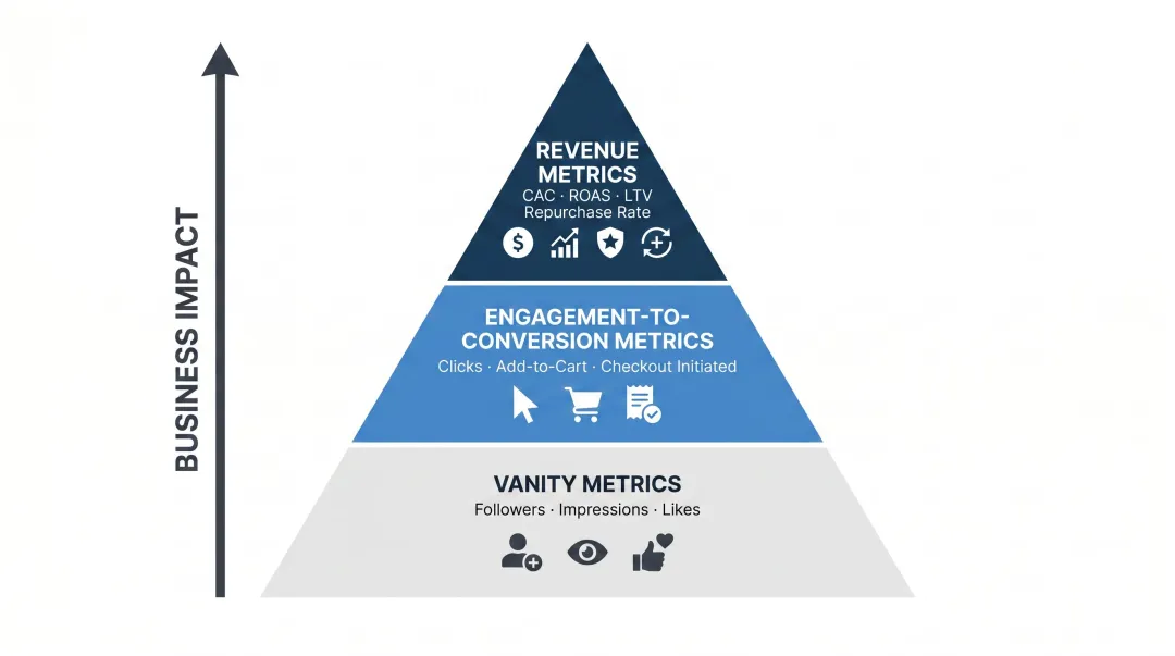 D2C marketing metrics hierarchy pyramid from vanity metrics to revenue