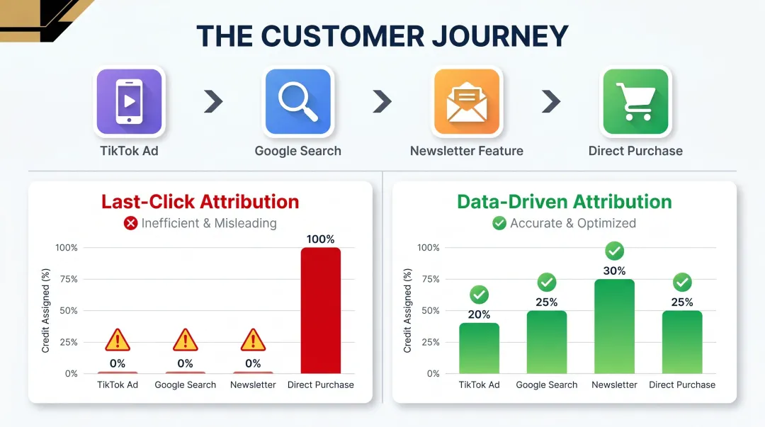 Four-touchpoint UAE customer journey last-click versus data-driven attribution comparison