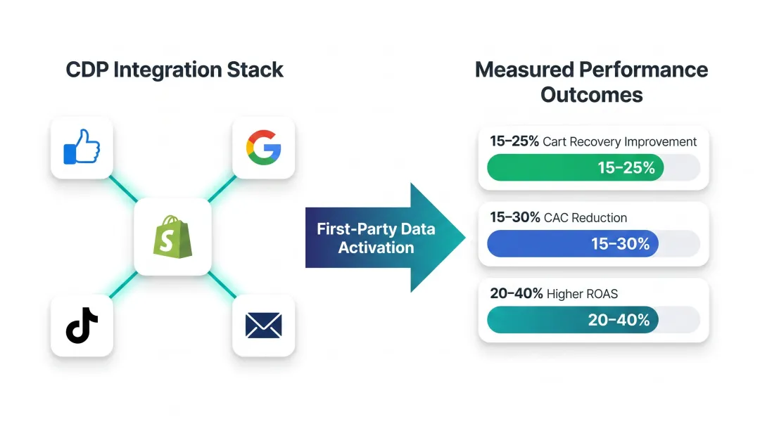 CDP first-party data integration architecture connecting platforms to performance outcomes
