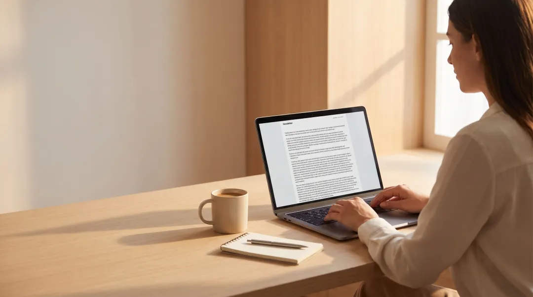 Person reading long-form newsletter on laptop in quiet morning workspace setting