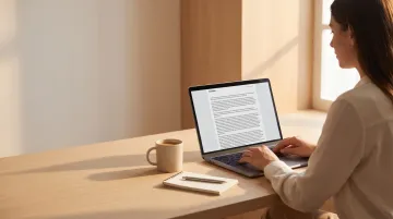 Person reading long-form newsletter on laptop in quiet morning workspace setting