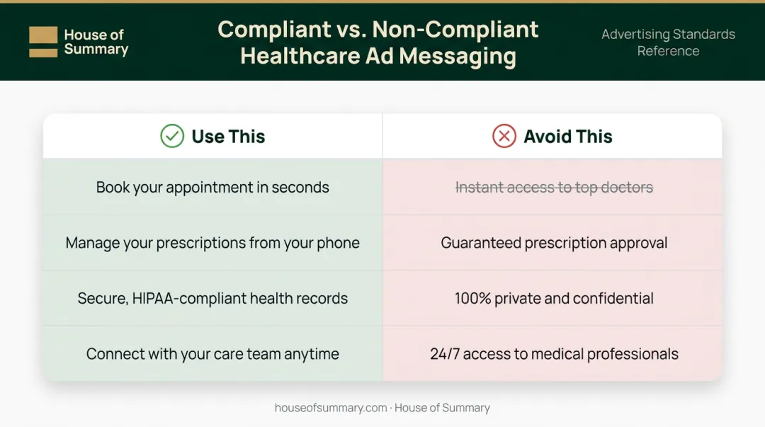 Healthcare app compliant versus non-compliant ad messaging side-by-side comparison chart