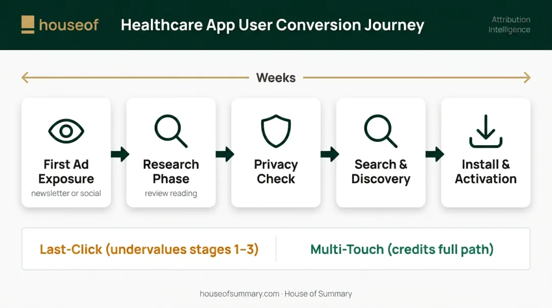 Healthcare app user attribution journey from first ad exposure to install multi-touch model