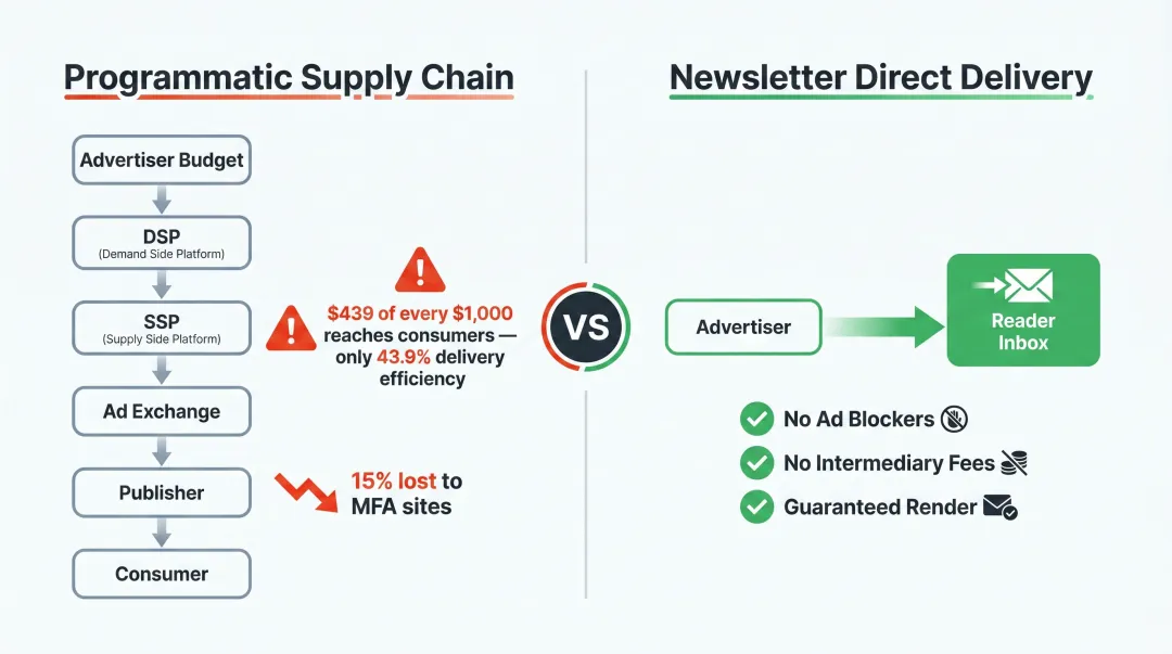 Programmatic ad spend waste versus newsletter direct inbox delivery efficiency comparison