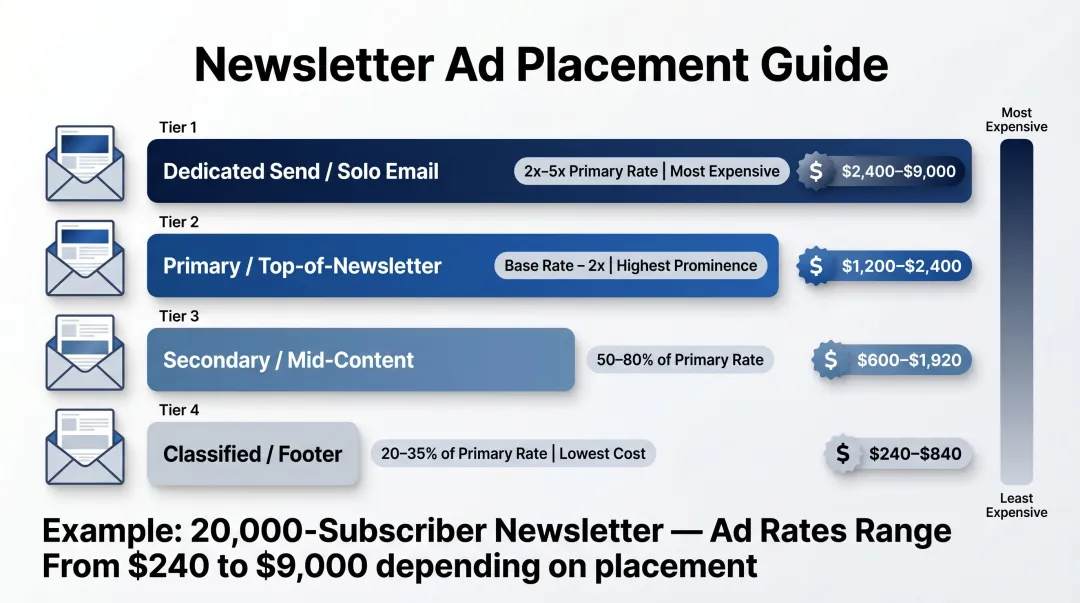 Newsletter ad placement position cost multipliers from primary to dedicated send