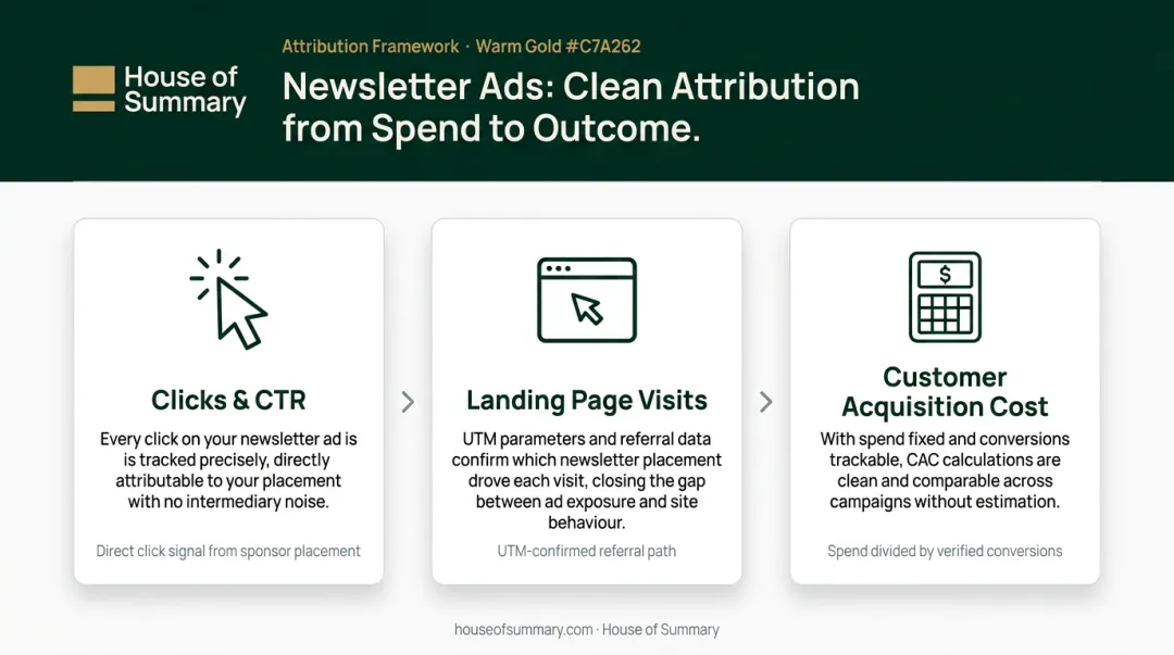 Three newsletter ad performance metrics CTR landing page visits and CAC breakdown