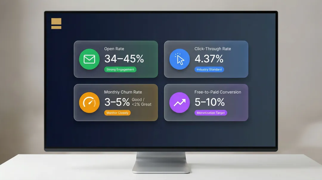 Newsletter health metrics benchmark table open rate click-through churn conversion infographic