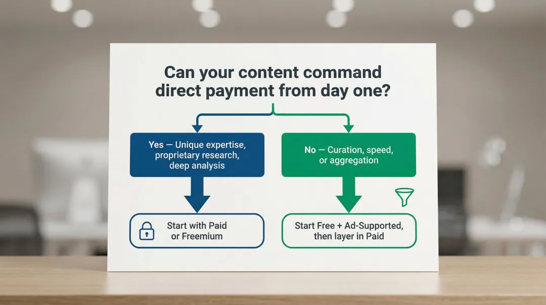 Newsletter subscription model decision framework two-path flowchart infographic