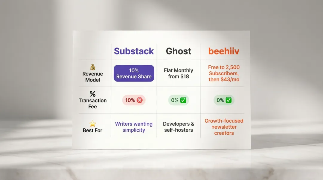 Substack versus Ghost versus beehiiv newsletter platform comparison side-by-side chart