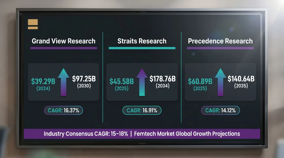 Femtech market size projections comparison across three research firms 2024-2035