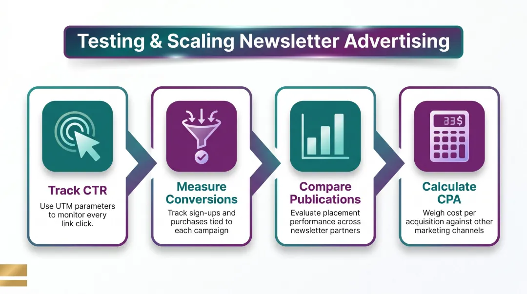 Four-step femtech newsletter advertising test and scale process flow diagram