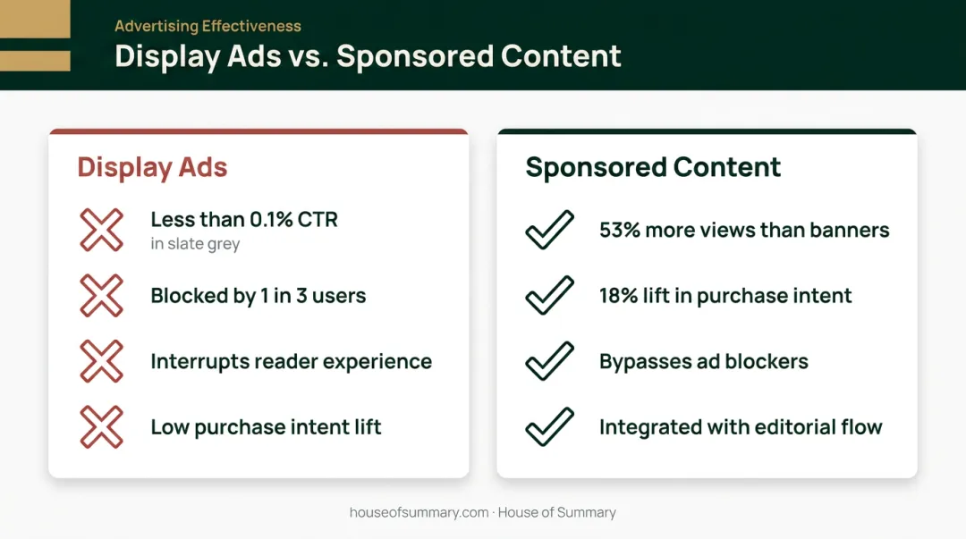 Native sponsored content versus display banner ad effectiveness comparison infographic