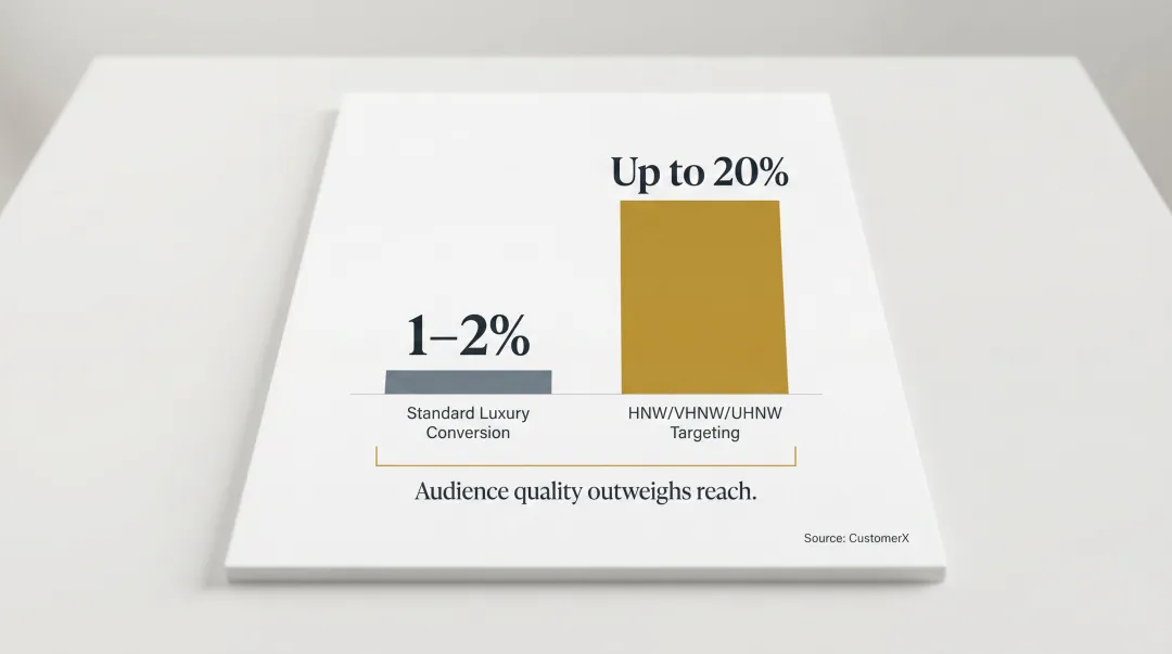 HNW luxury fashion conversion rate comparison one to two percent versus up to twenty percent