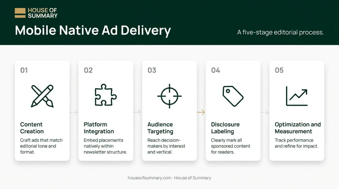 5-step mobile native advertising delivery process flow diagram