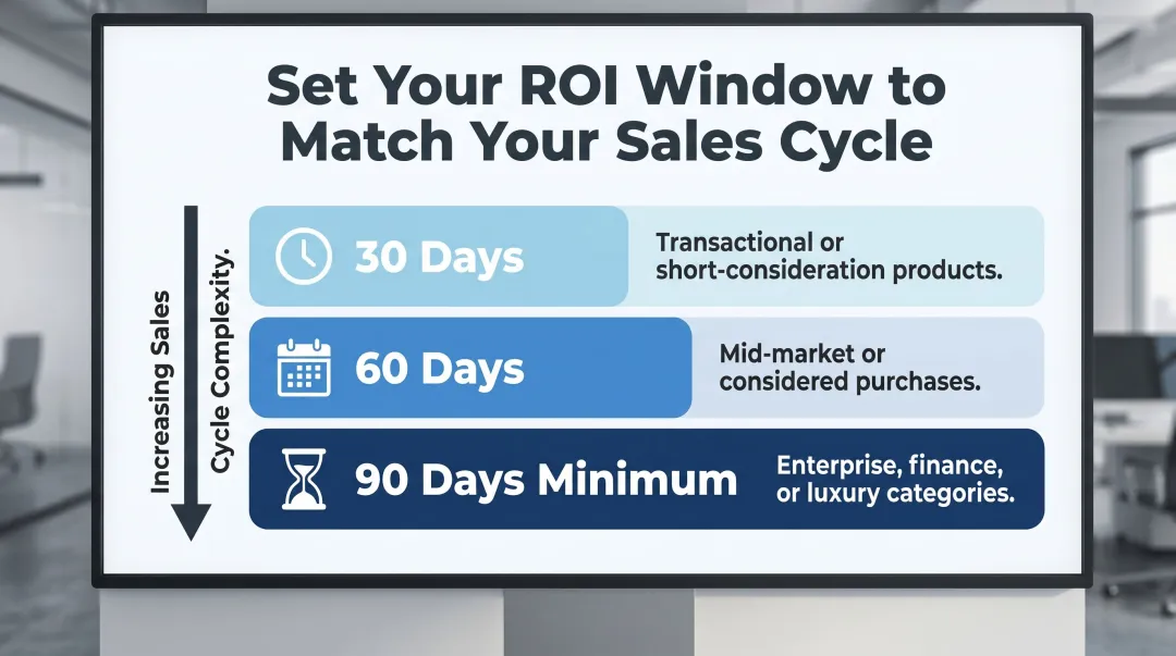 Three-tier ROI measurement window framework by sales cycle length and product type
