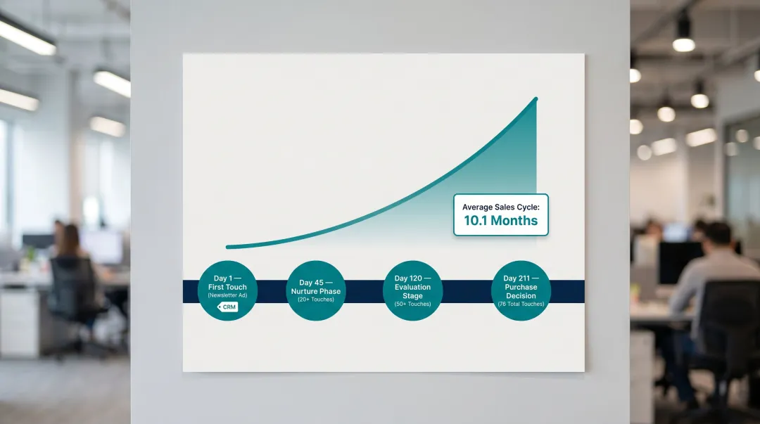 B2B sales cycle timeline showing 76 touches across 211 days to purchase