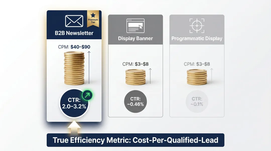 B2B newsletter versus display versus programmatic CPM and CTR channel comparison