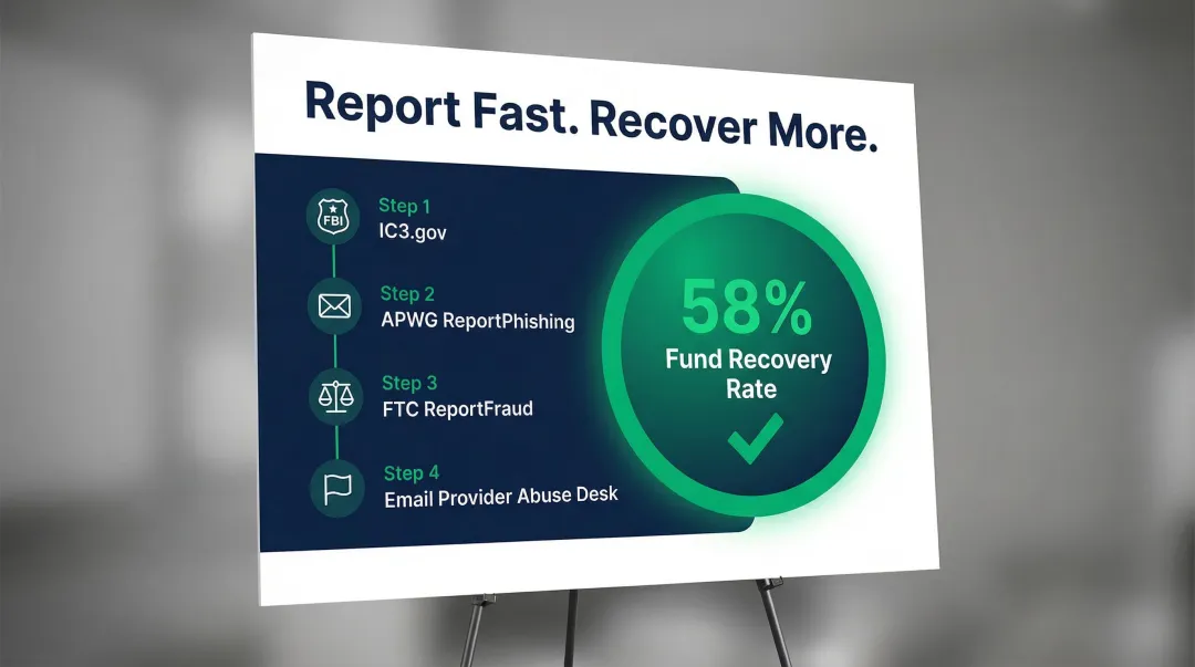 Presidential email scam reporting steps and FBI 58 percent fund recovery rate outcome