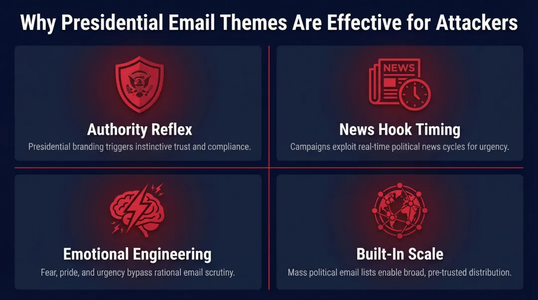 Four factors making presidential email scams profitable for cybercriminals infographic
