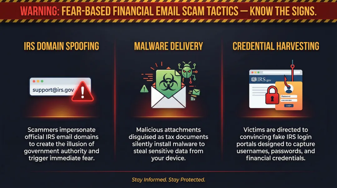 Three fear-based presidential email scam tactics IRS spoofing malware credential harvesting