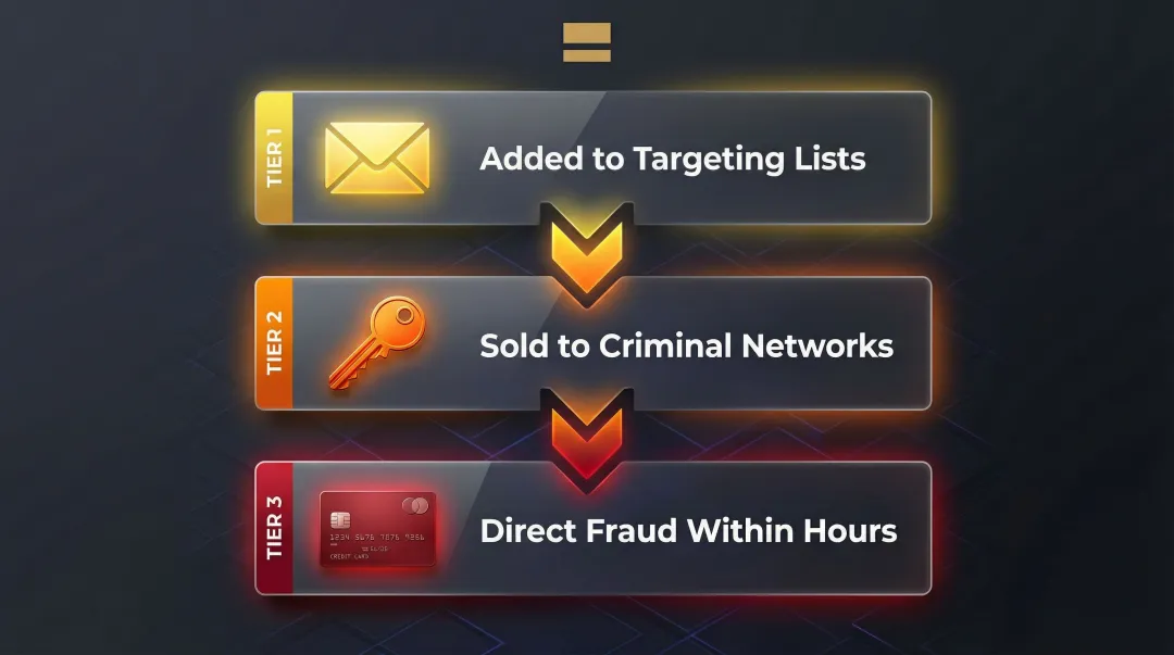 Three types of stolen data value chain showing criminal use of email credentials financials