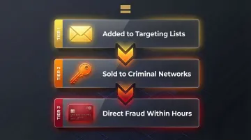 Three types of stolen data value chain showing criminal use of email credentials financials