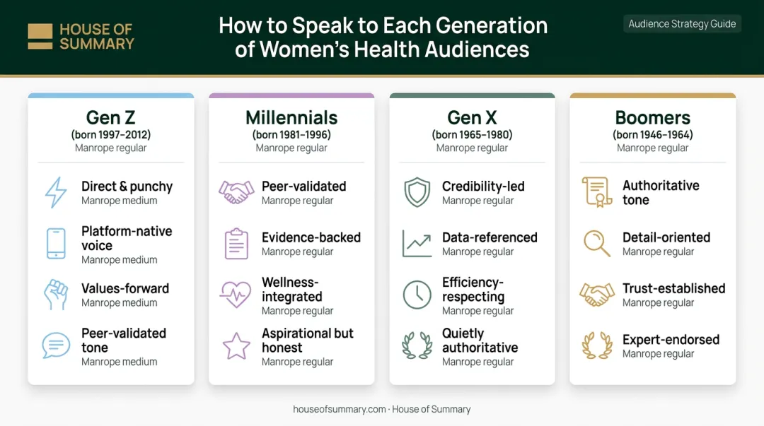 Generational women's health messaging tone comparison across Gen Z Millennials Gen X Boomers