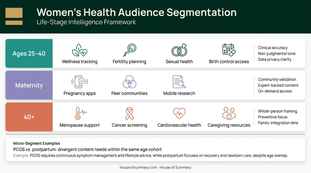 Women's health life-stage audience segmentation infographic by age and health concern