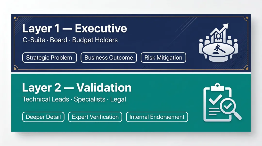 Two-layer executive narrative structure comparison chart for B2B tech storytelling