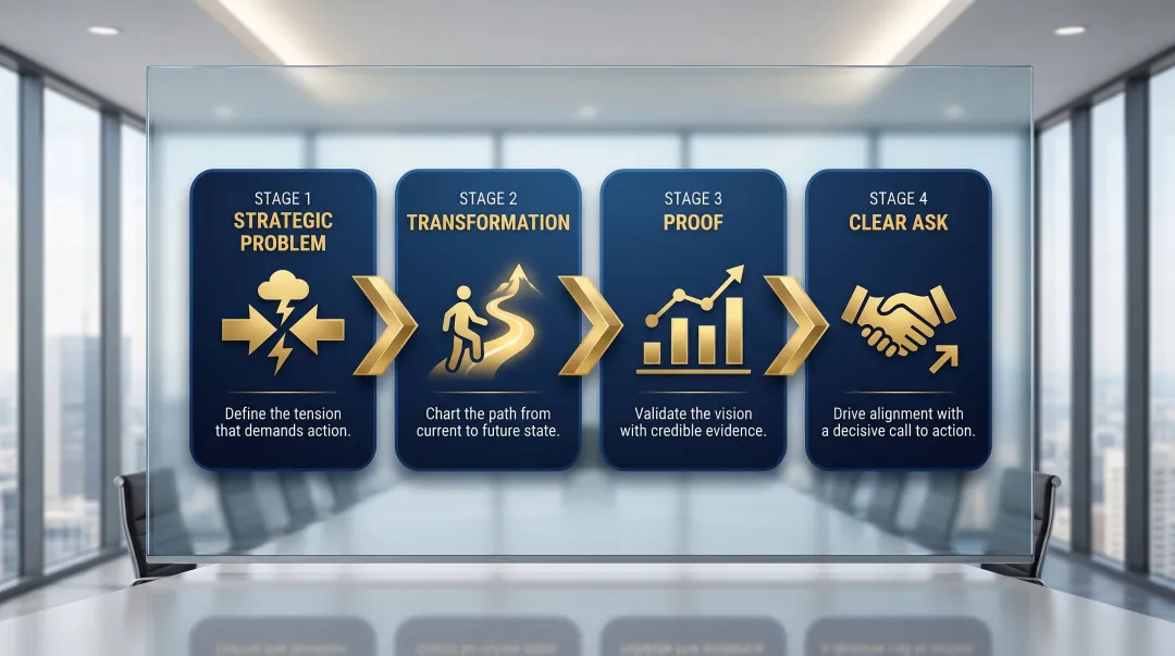 Four-part executive tech narrative framework process flow infographic