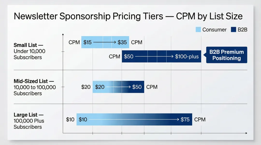 Newsletter sponsorship CPM and flat rate pricing tiers by audience size and niche type