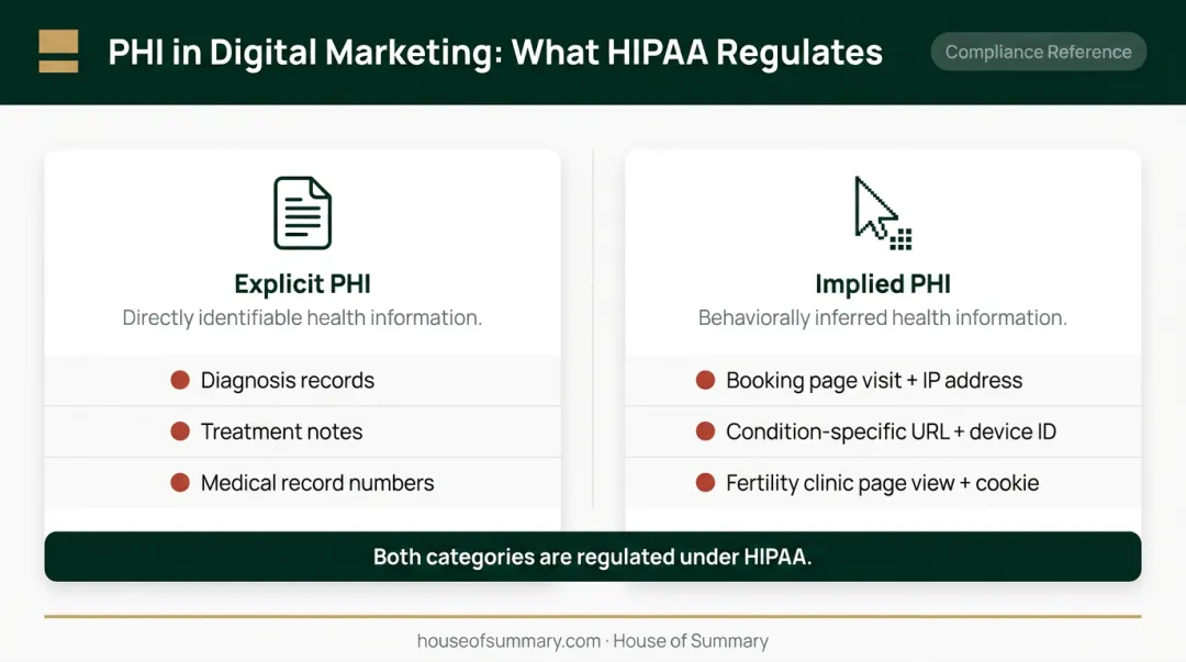 Explicit versus implied PHI in healthcare marketing tracking comparison infographic