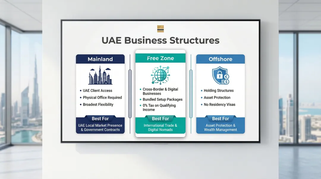 UAE Mainland versus Free Zone versus Offshore business structure comparison infographic