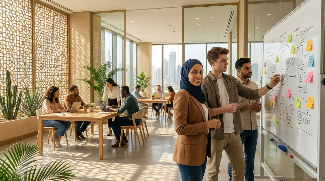 UAE government startup support program overview with founders in modern accelerator workspace