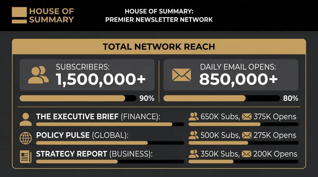 House of Summary newsletter network dashboard showing subscriber reach and daily open metrics